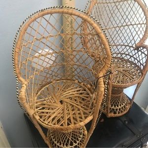 Vintage Cane Wicker Peacock Doll Teddy Plush Bear Chairs Retro Boho 16”